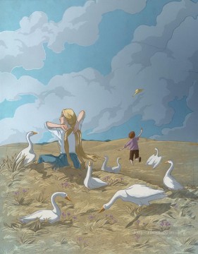 Fowl Painting - cartoon girl and geese kids